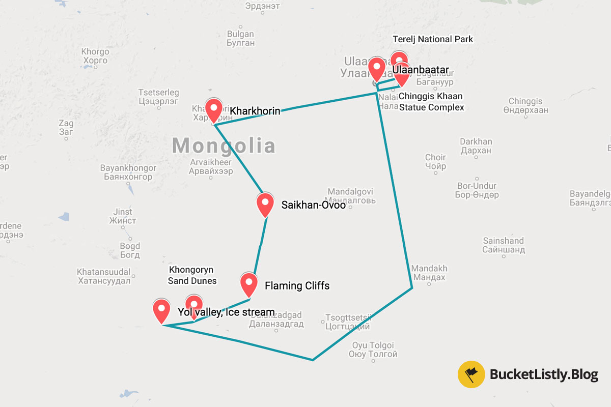 Mongolia Itinerary Map