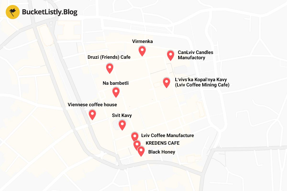 Lviv Best Cafes Itinerary Map