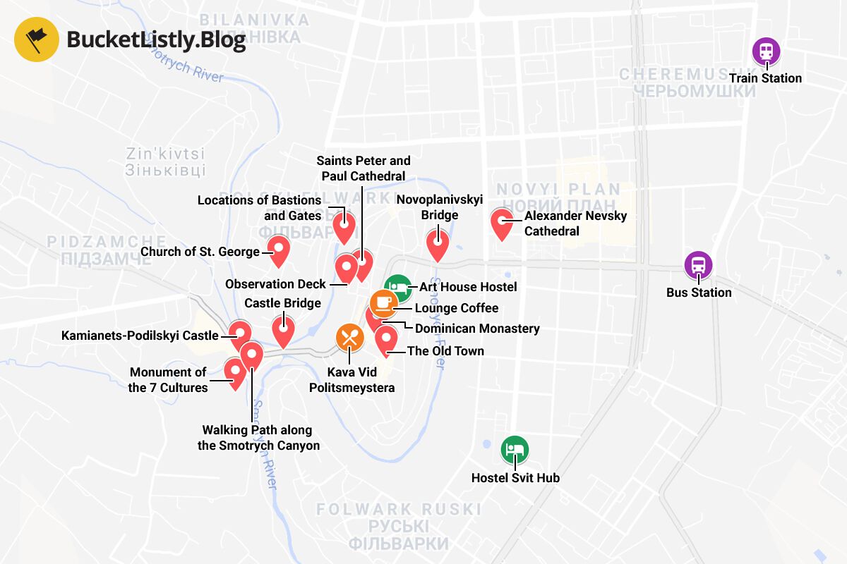 Kamianets-Podilskyi Attractions and Things to Do Map