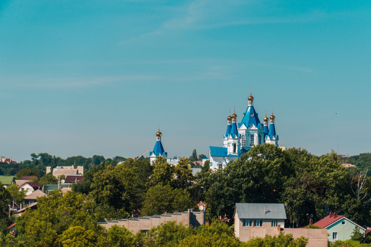 The blue and white-colored Church of St. George in Kamianets-Podilskyi, Ukraine.