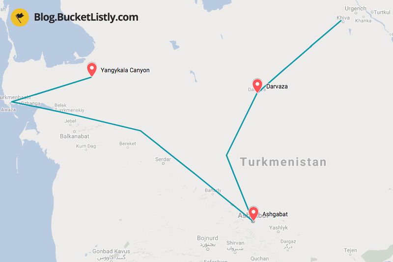 Turkmenistan One Week Itinerary Map