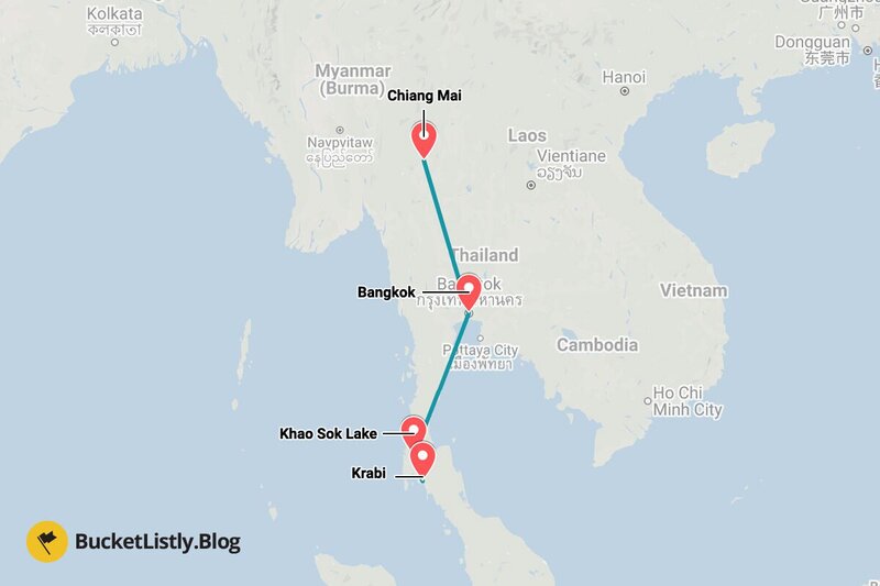 タイ10日間の旅程マップ