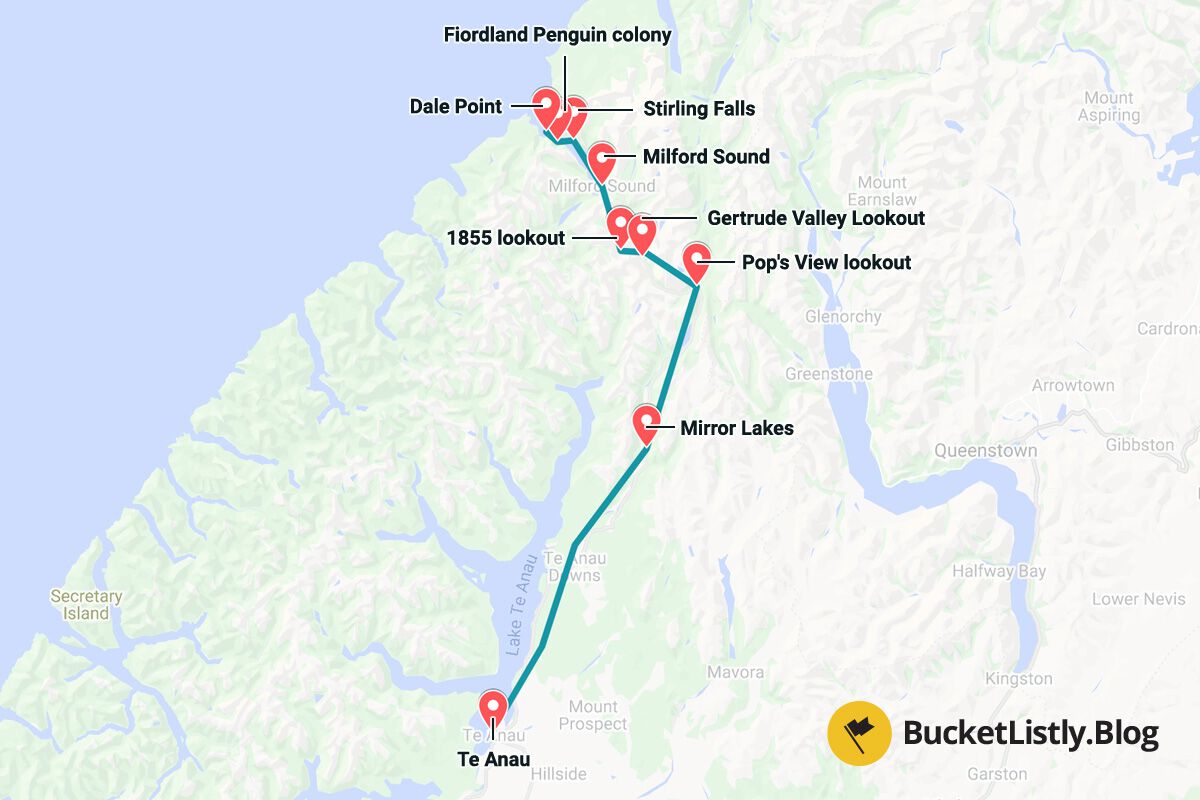 Te Anau to Milford Sound Itinerary Map