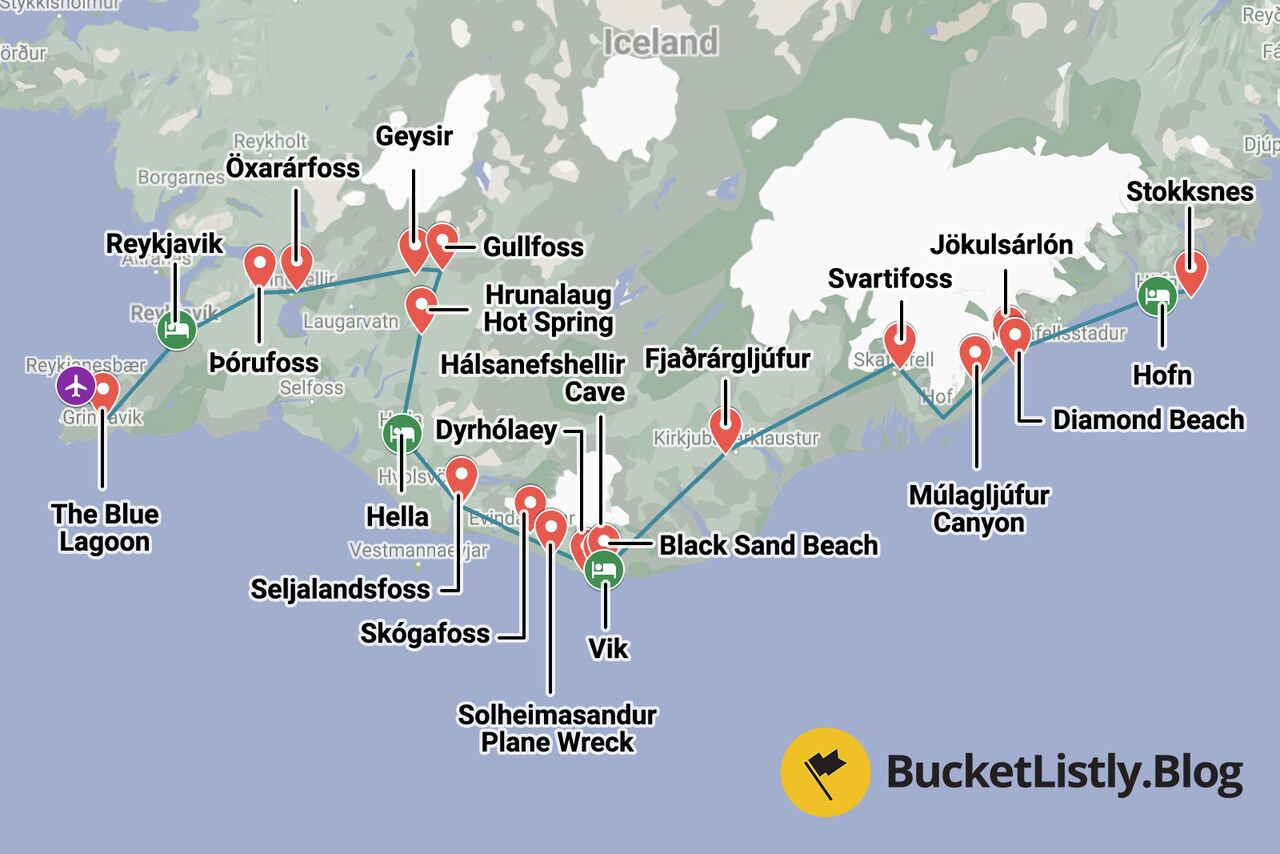 7 Days Iceland's Southern Coast Itinerary Map