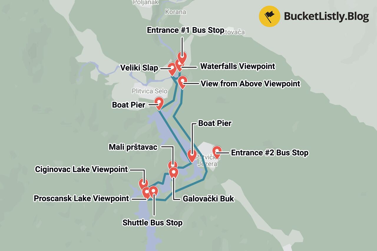 Plitvice Lakes Hiking Itinerary Map