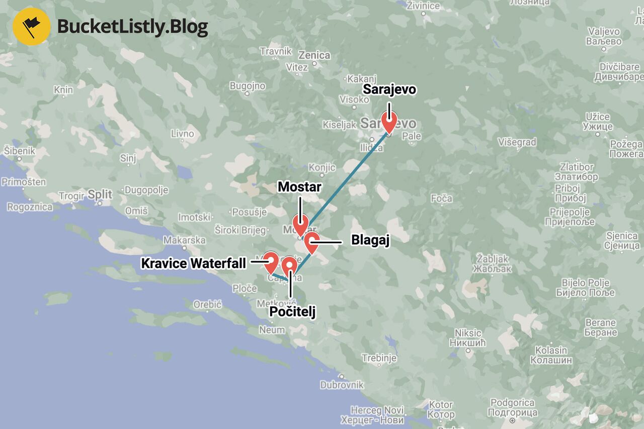 6 Days Backpacking Bosnia and Herzegovina Itinerary Map