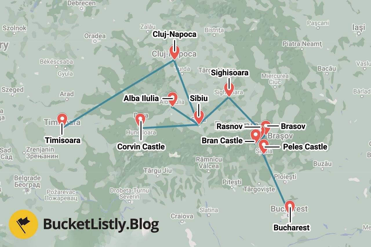 2 Weeks Backpacking Romania Itinerary Map