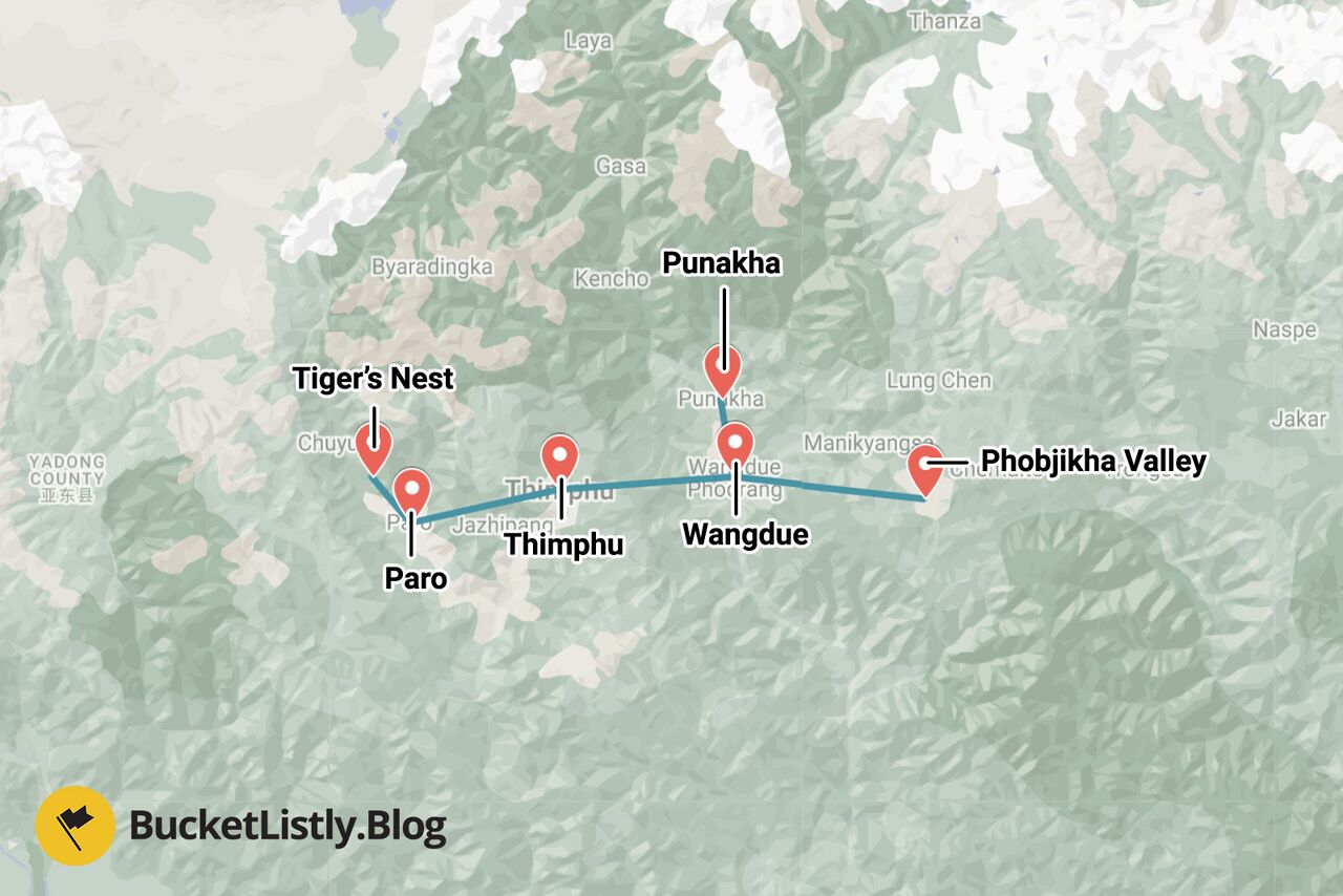 Bhutan Itinerary Map