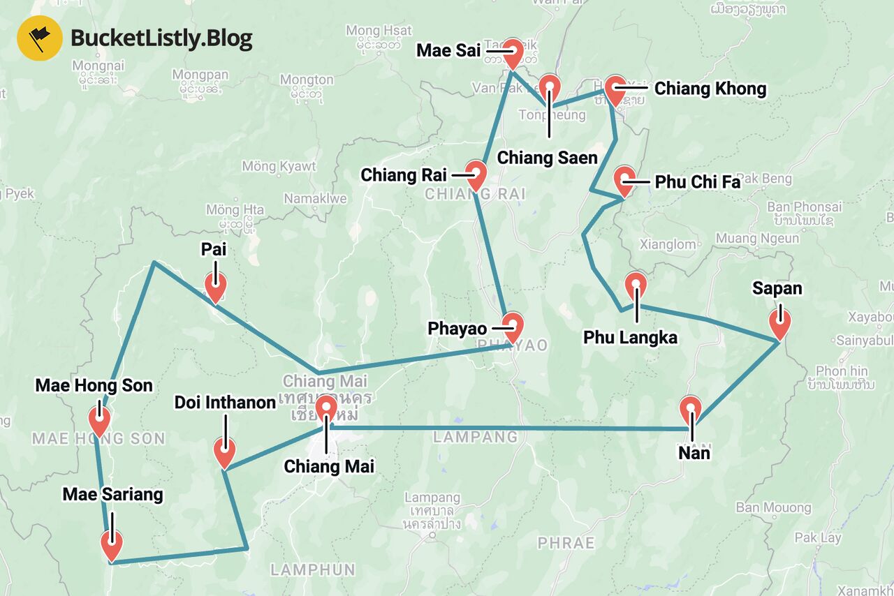 Northern Thailand 2-Week Itinerary Map