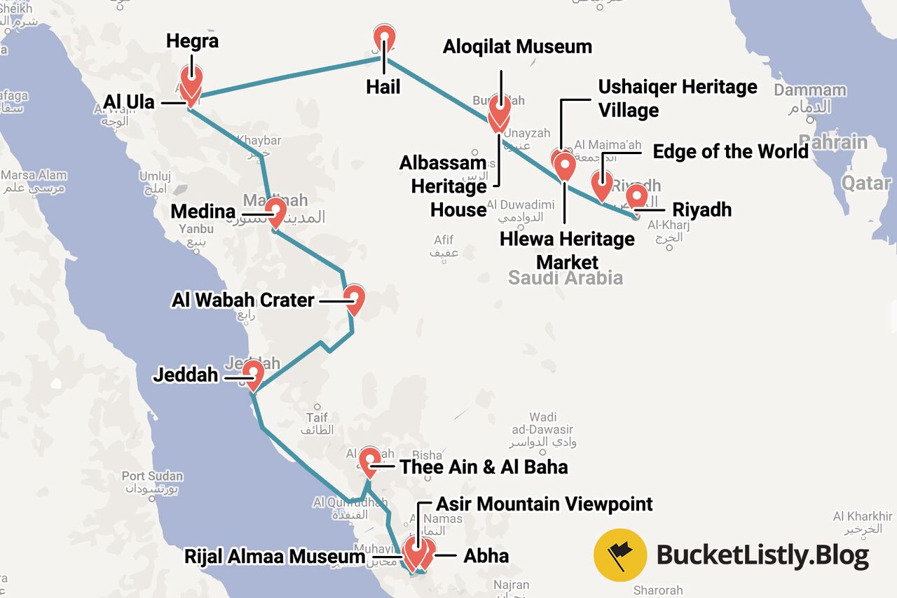 Saudi Arabia 2-Week Itinerary Map