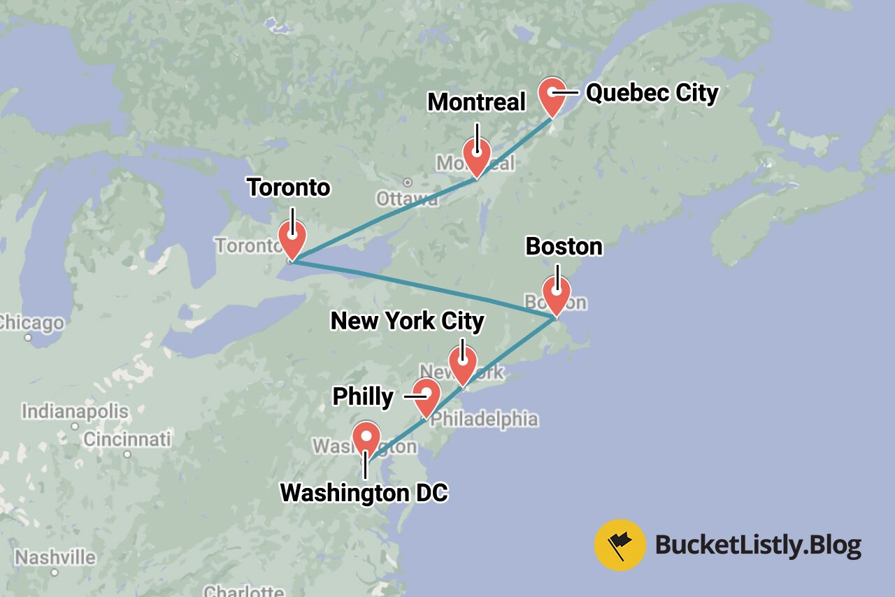 One Month USA & Canada Backpacking Itinerary Map