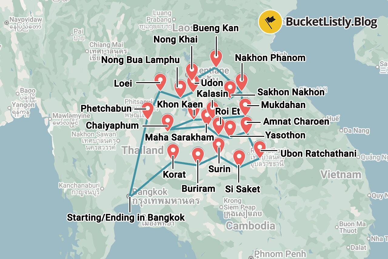 Isaan One-Month Itinerary Map