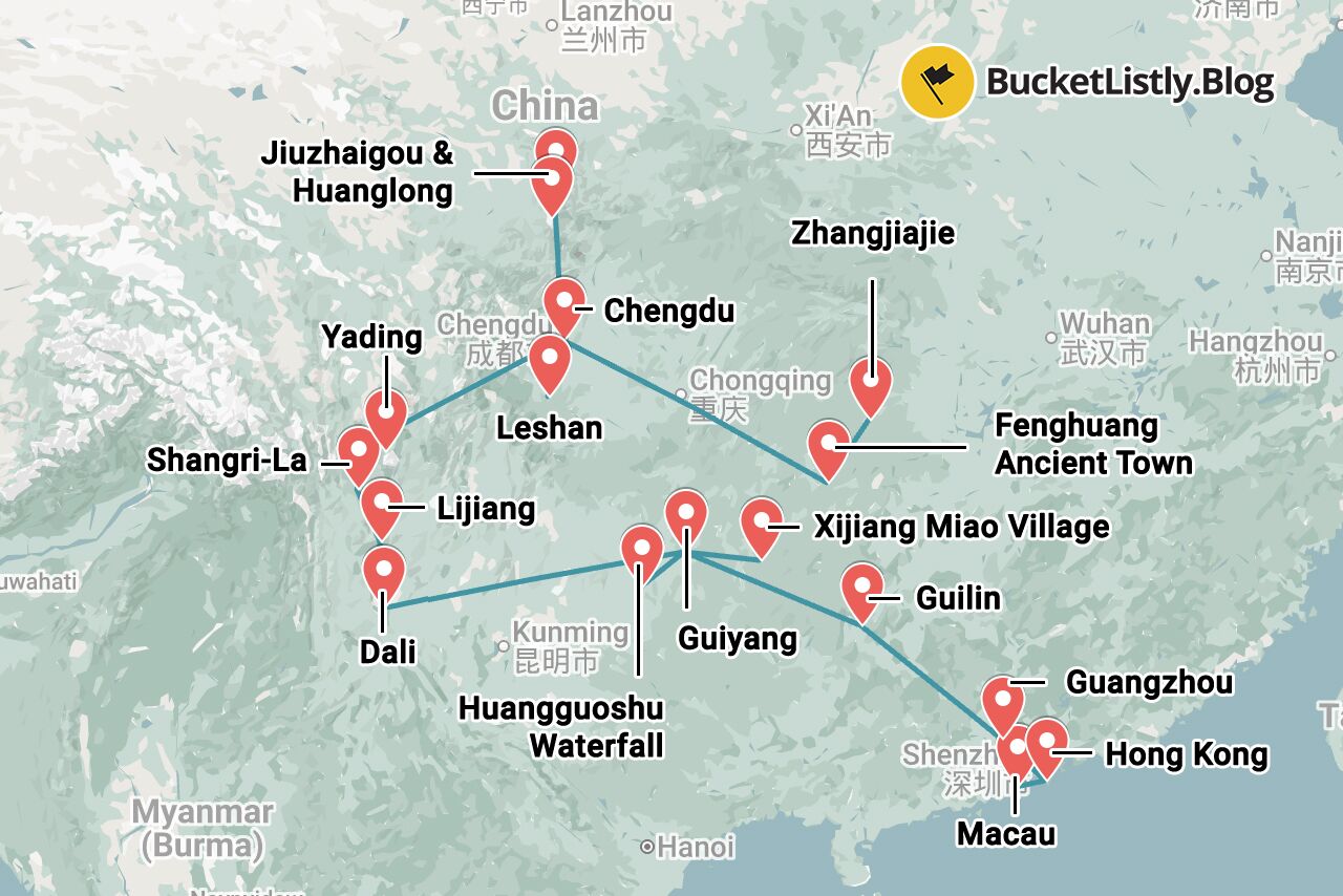 South & Southwest China One-Month Itinerary Map