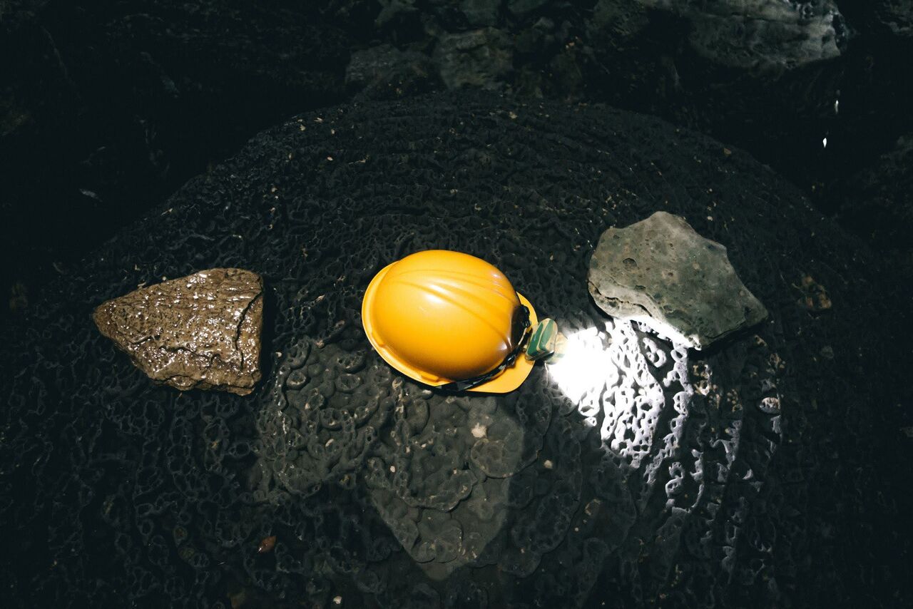 A hard protective hat in a mine