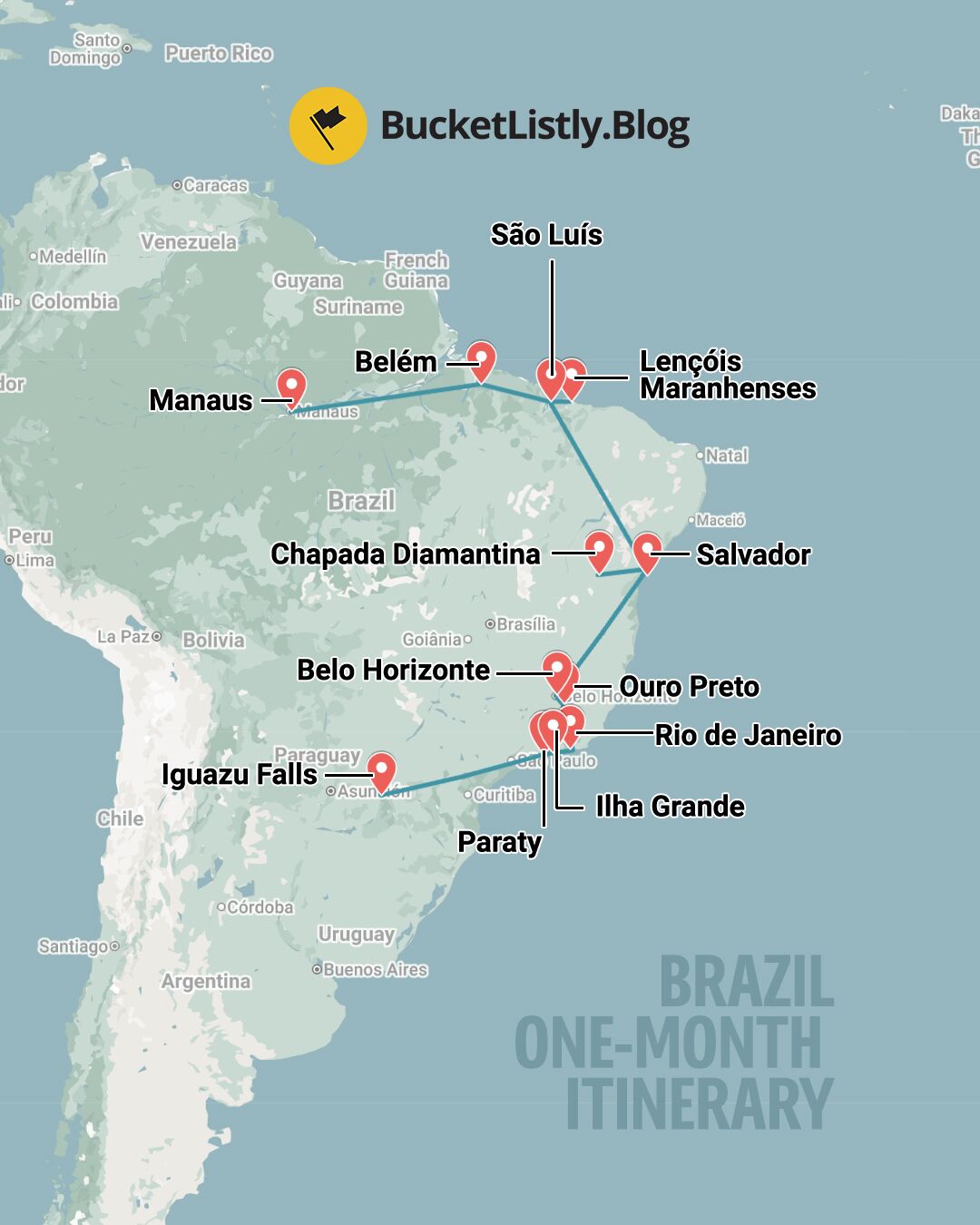Map of this One-Month Brazil Itinerary
