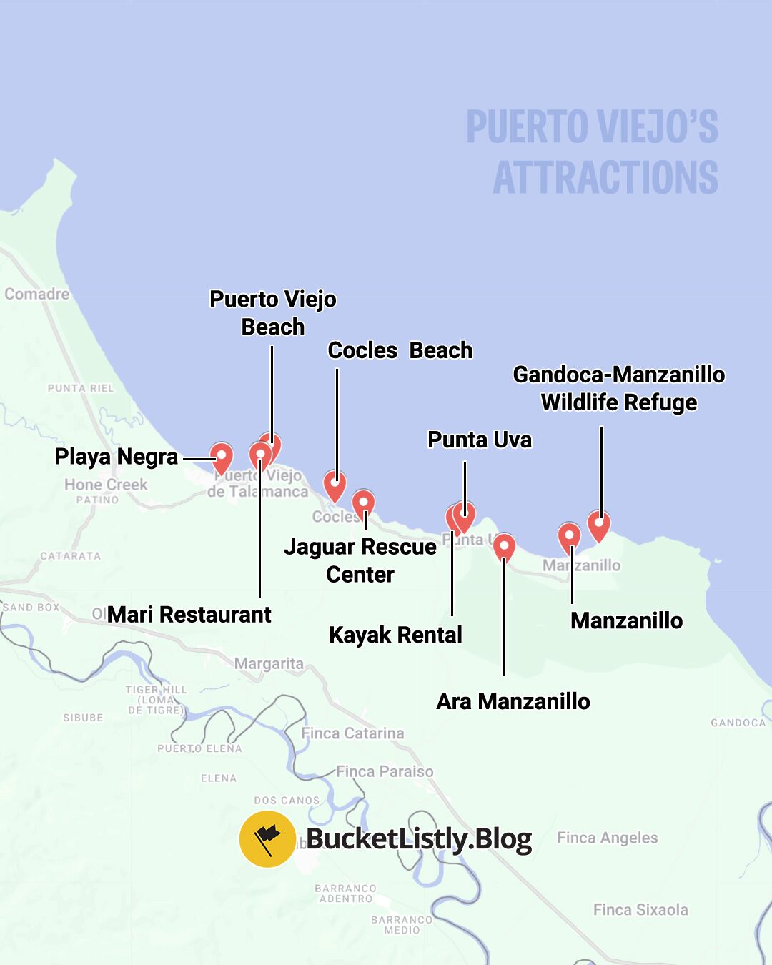 Map of Puerto Viejo's Attractions