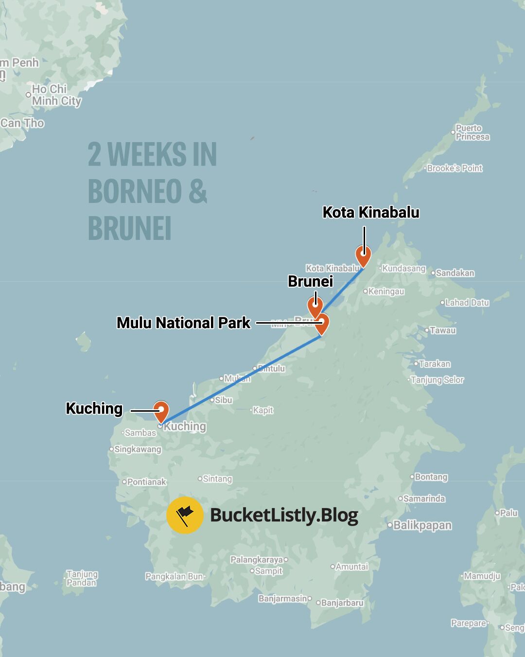 Map of this Two Weeks in Borneo and Brunei Itinerary