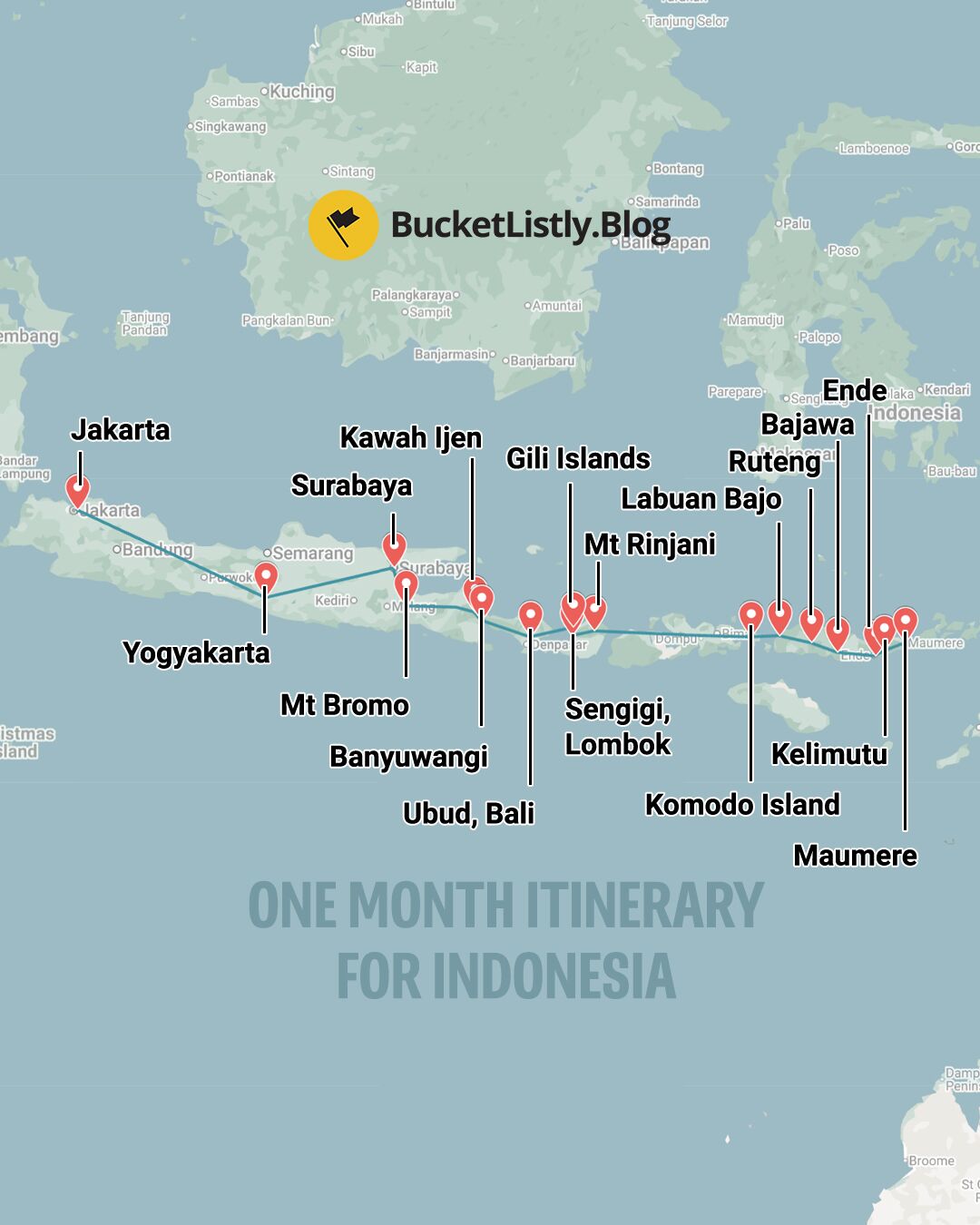 Map of this Indonesia's One Month Itinerary