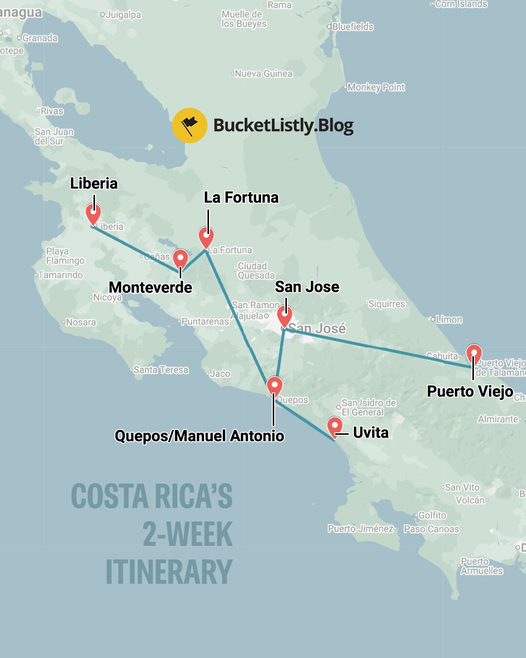 Map of this 2-Week Costa Rica Itinerary