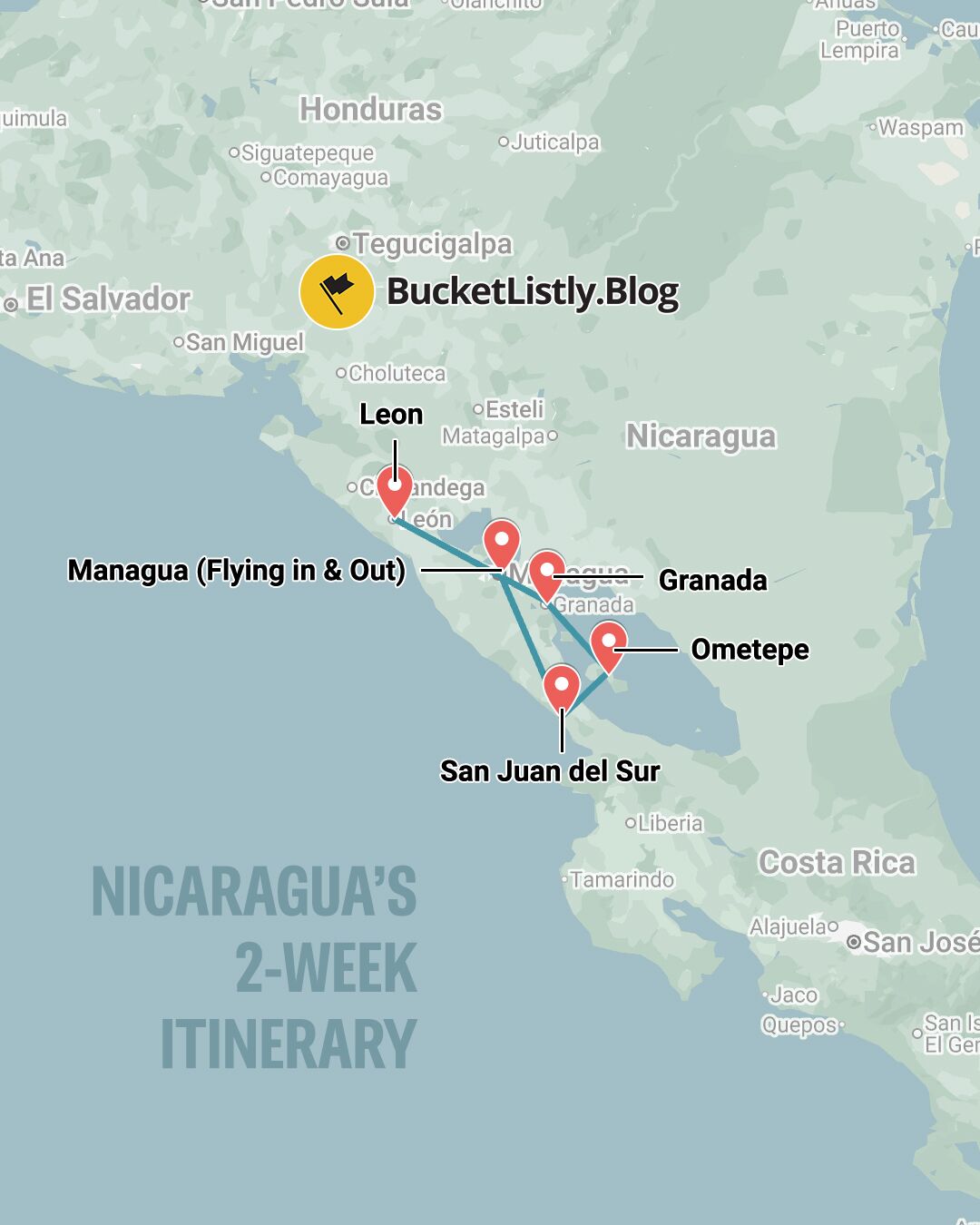 Map of this Nicaragua 2-Weeks Itinerary