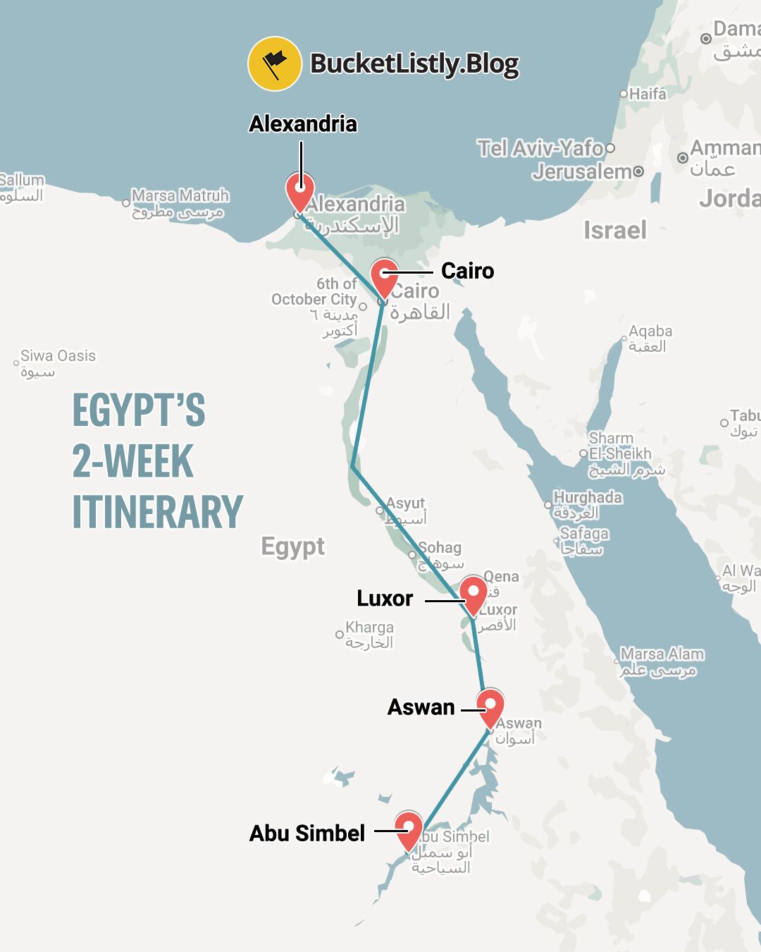 Map of this 2-week Egypt itinerary