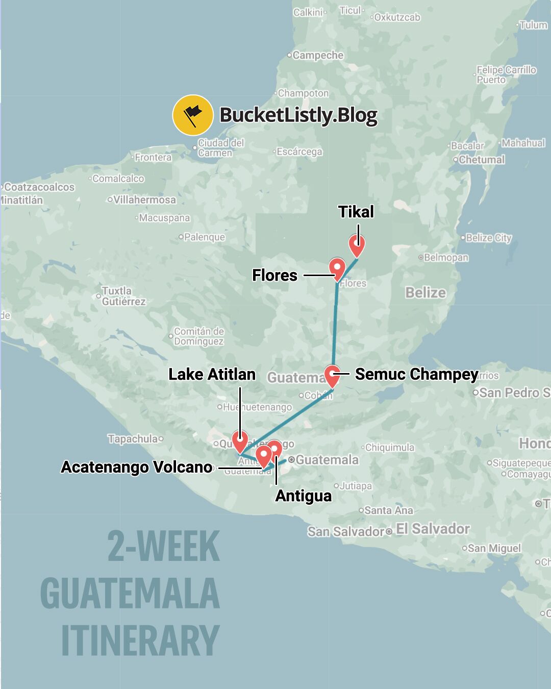Map of this 2-week Guatemala Itinerary