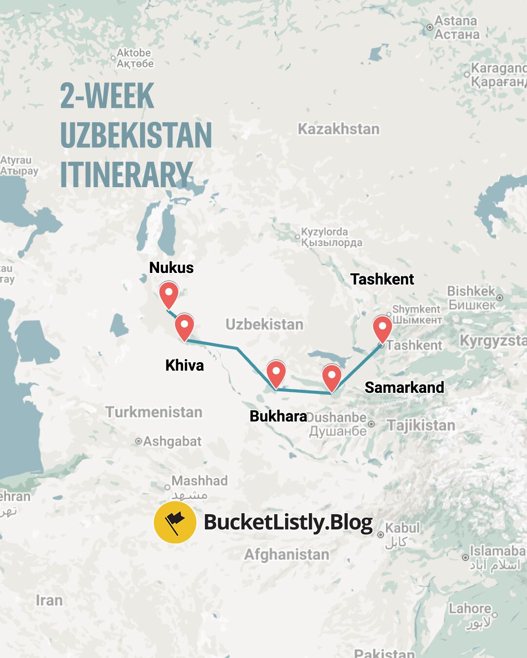 Map of this 2-week Uzbekistan itinerary