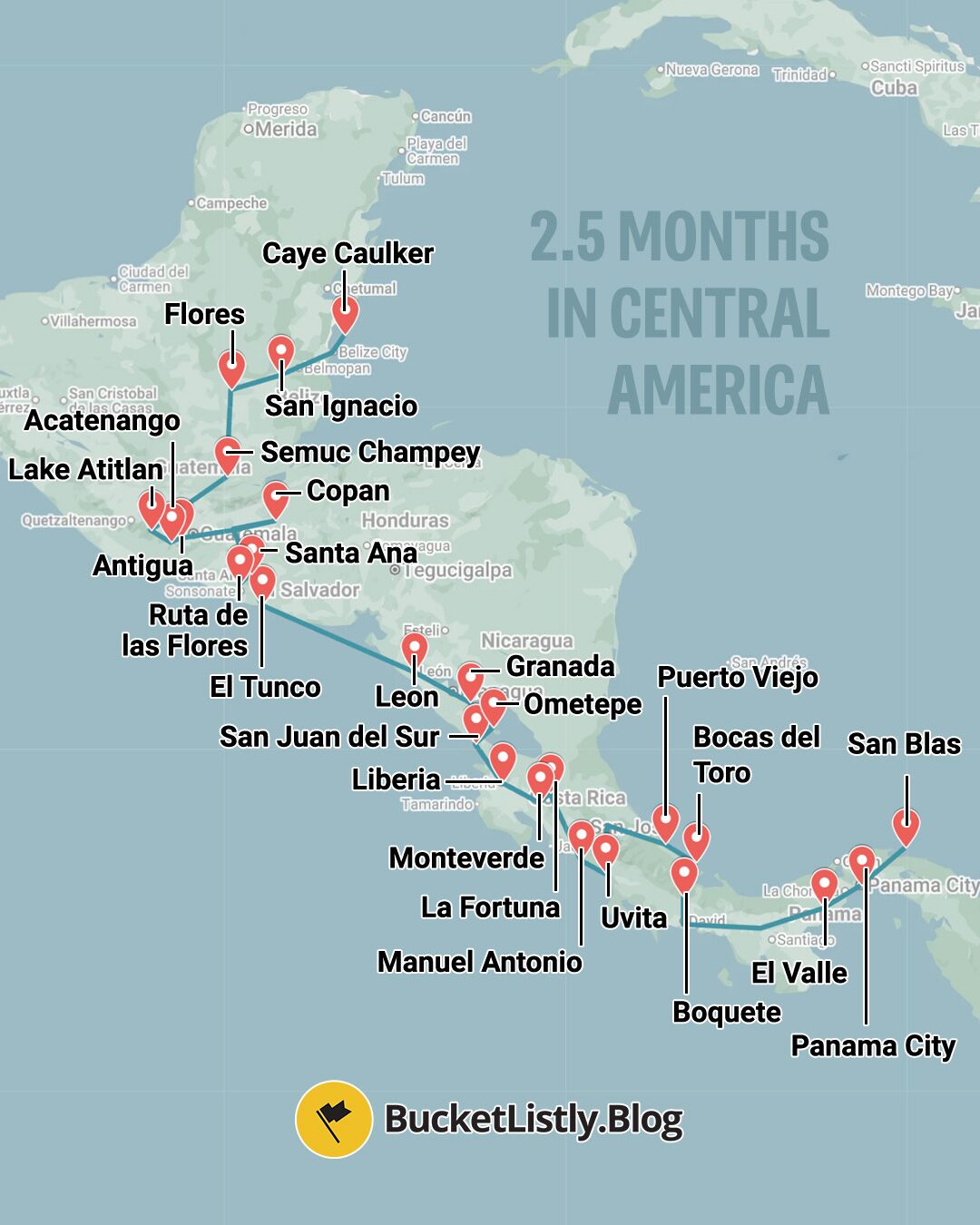 Map of this 2.5-Month Central America Itinerary