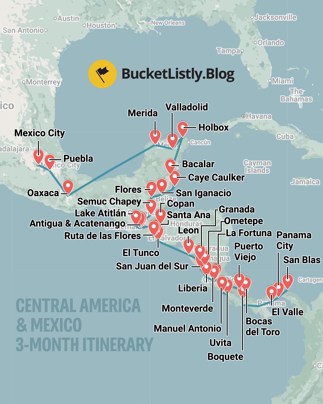 Map of this 3-Month Central America & Mexico Itinerary