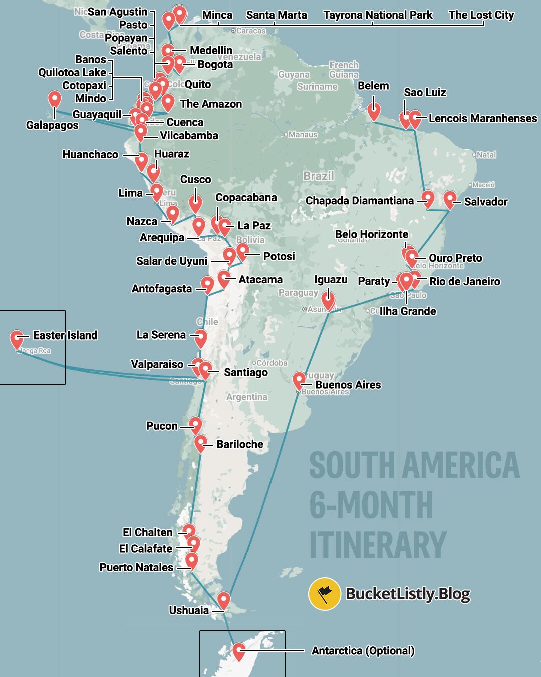 Map of this 6-Month South America Itinerary