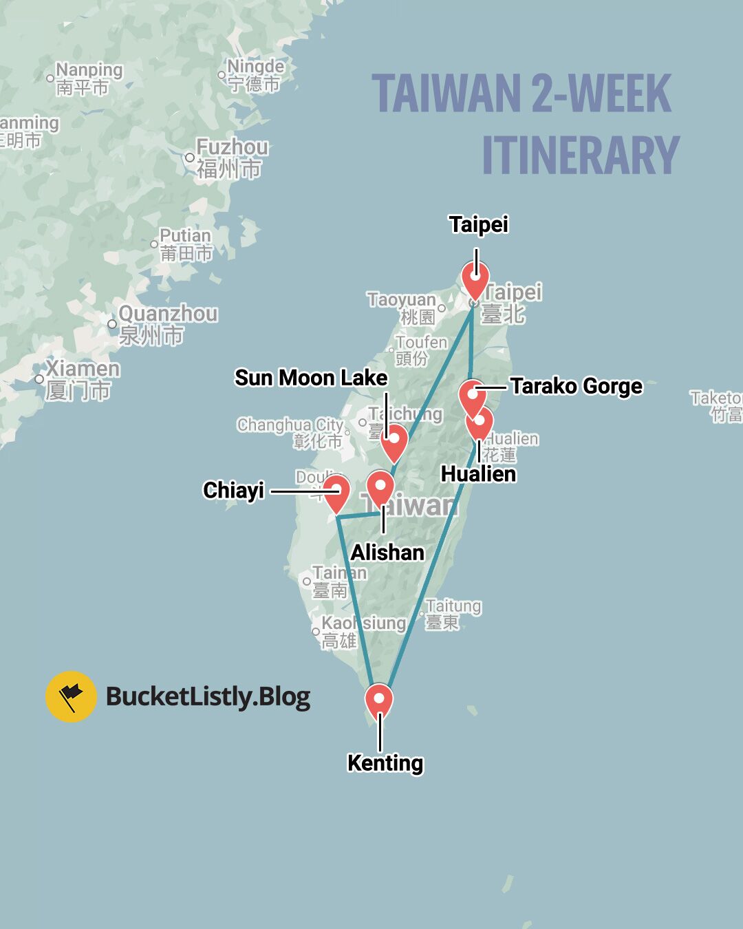 Taiwan 2 Weeks Itinerary Map
