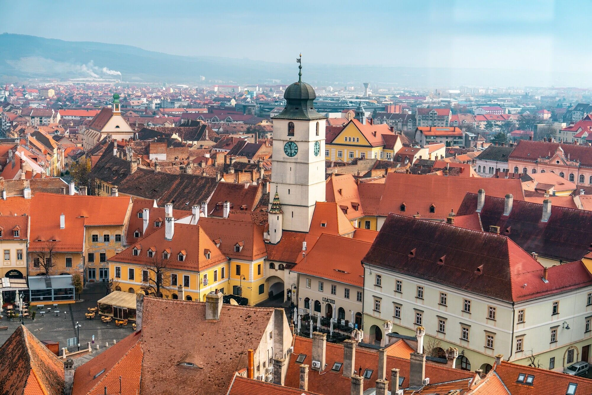 view of a typical street in the center of romanian city sibiu