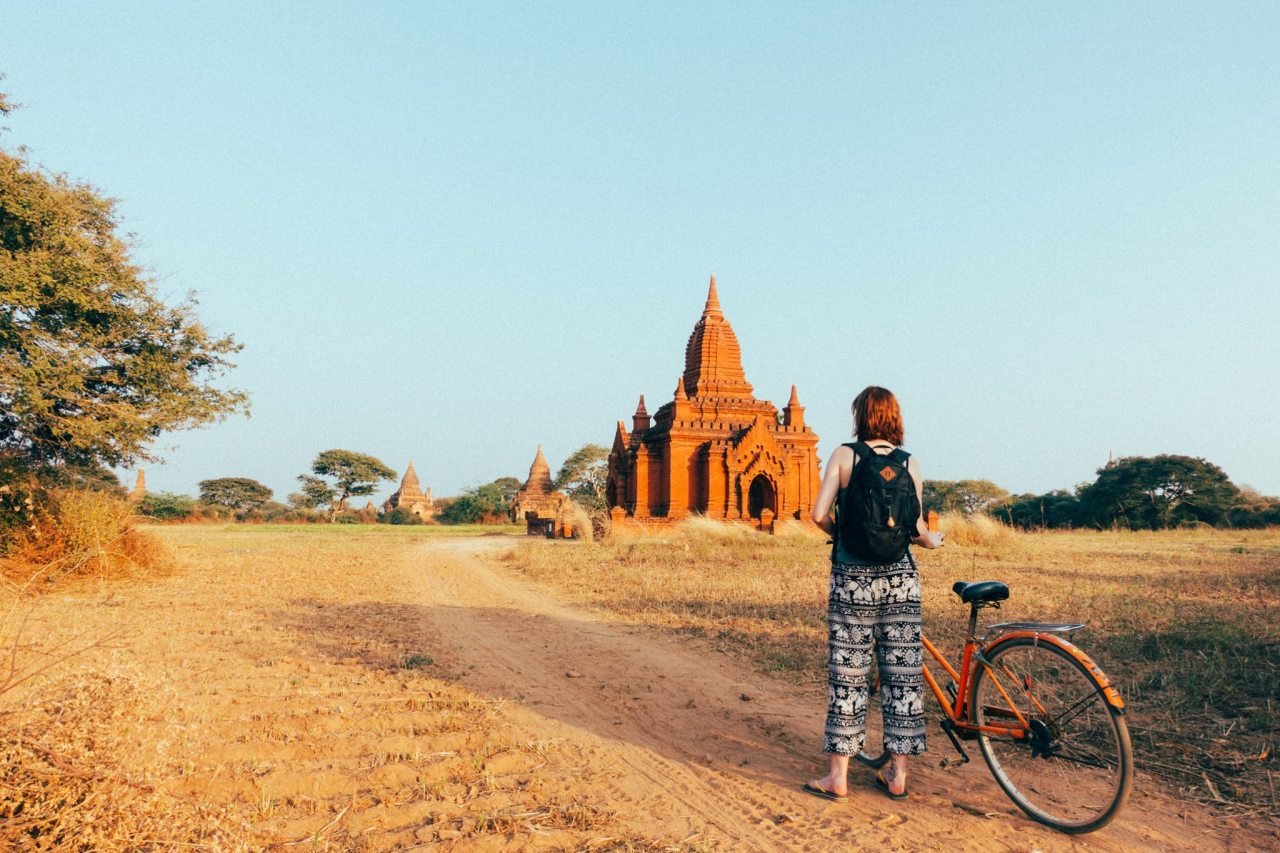 A person wearing an elephant pant exploring Bagan, Myanmar