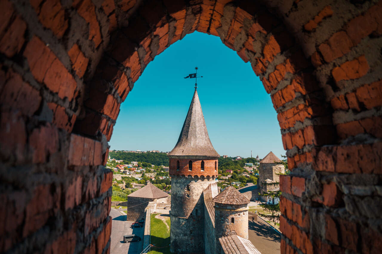 The towers of Kamianets-Podilskyi Castle in Ukraine.