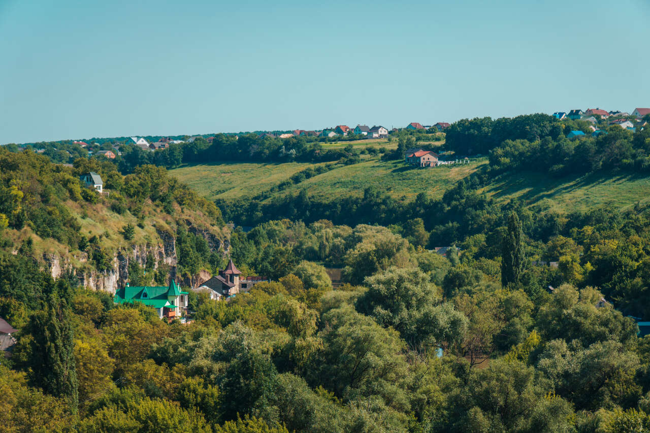 View of the Smotrytsky Canyon from the Castle Bridge in Kamianets-Podilskyi, Ukraine.