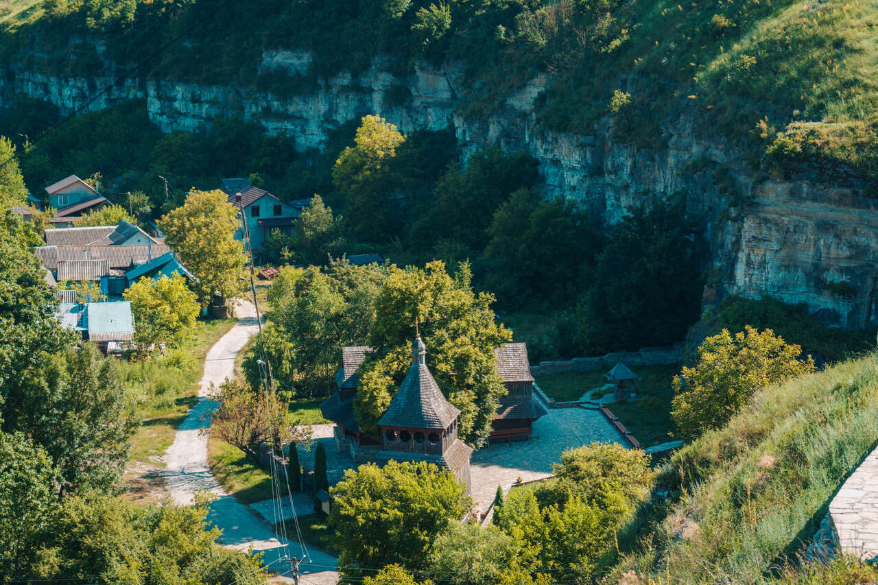 Tserkva Vozdvyzhennya Chesnoho Khresta wooden church in the Smotrytsky Canyon in Kamianets-Podilskyi, Ukraine.