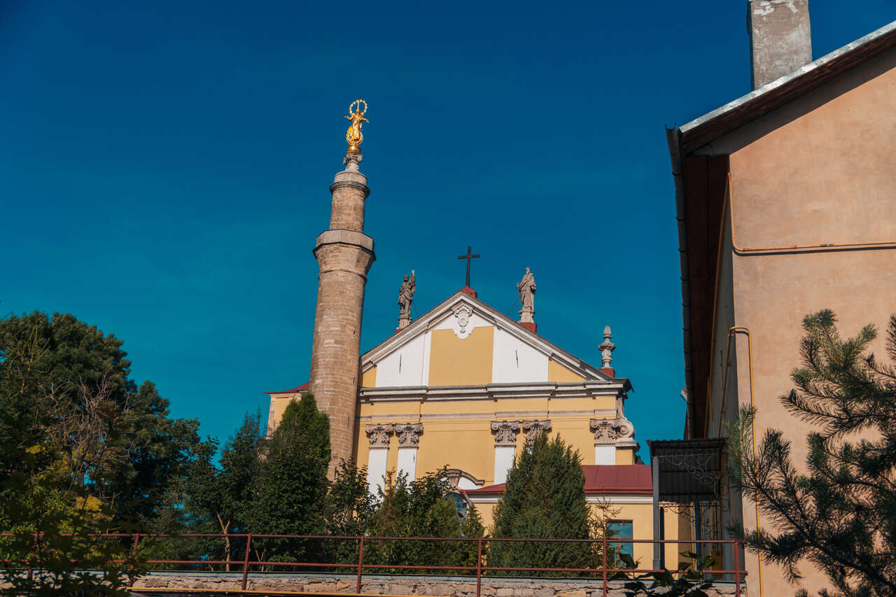 Saints Peter and Paul Cathedral and the Turkish Minaret in Kamianets-Podilskyi, Ukraine.
