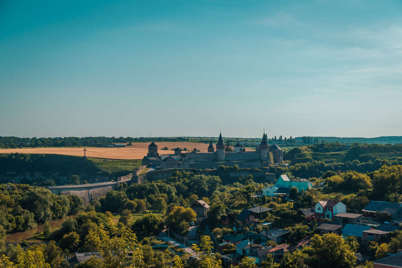 Kamianets-Podilskyi Castle from an Observation Deck from afar in Ukraine.