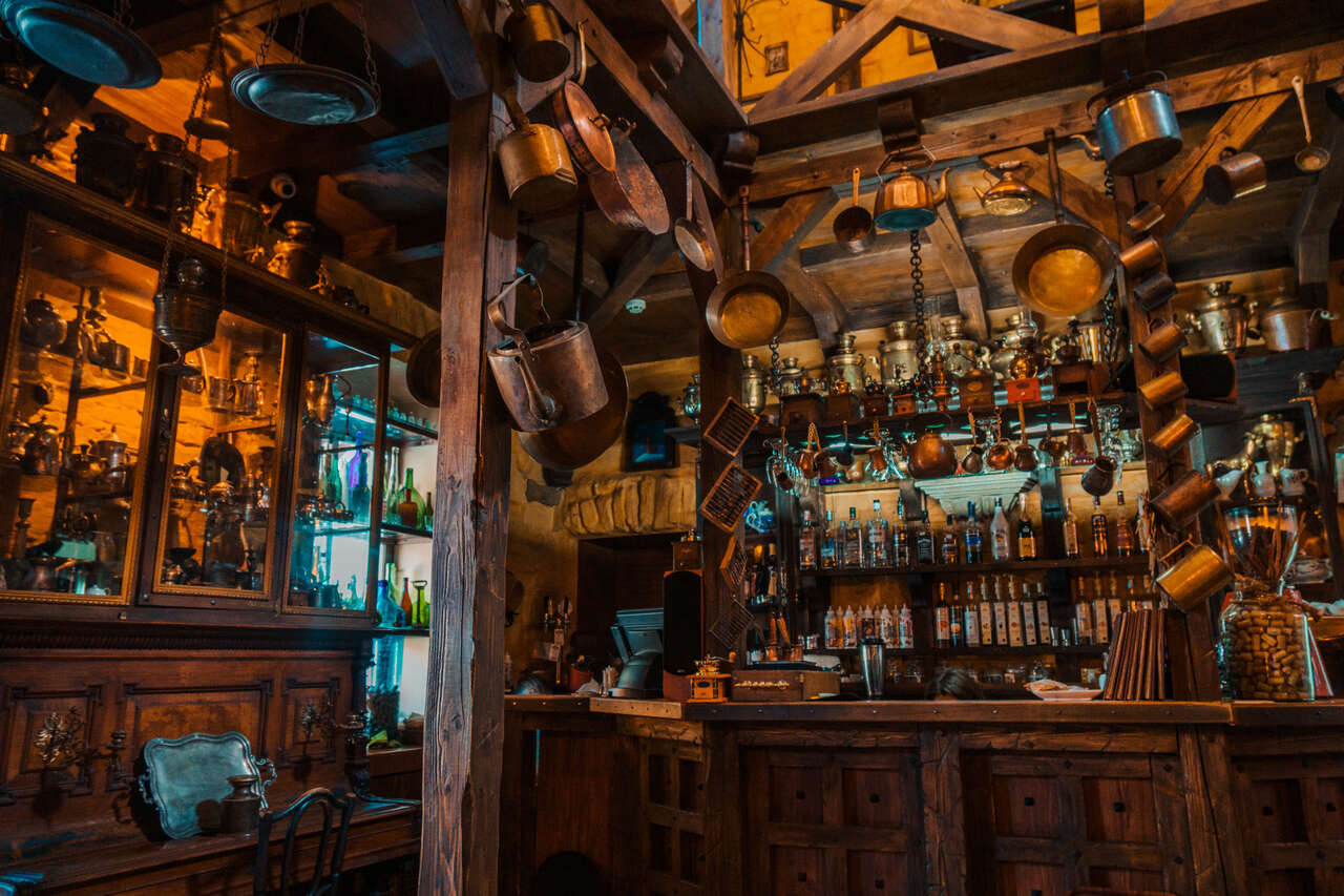 The medieval-looking bar of Kava Vid Politsmeystera cafe in Kamianets-Podilskyi, Ukraine.