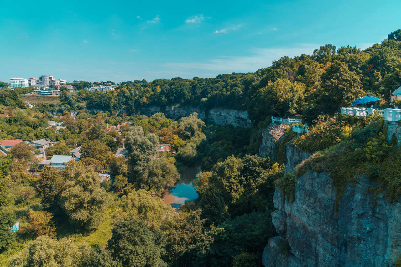 The view of Smotrytsky Canyon from Novoplanivskyi Bridge in Kamianets-Podilskyi, Ukraine.