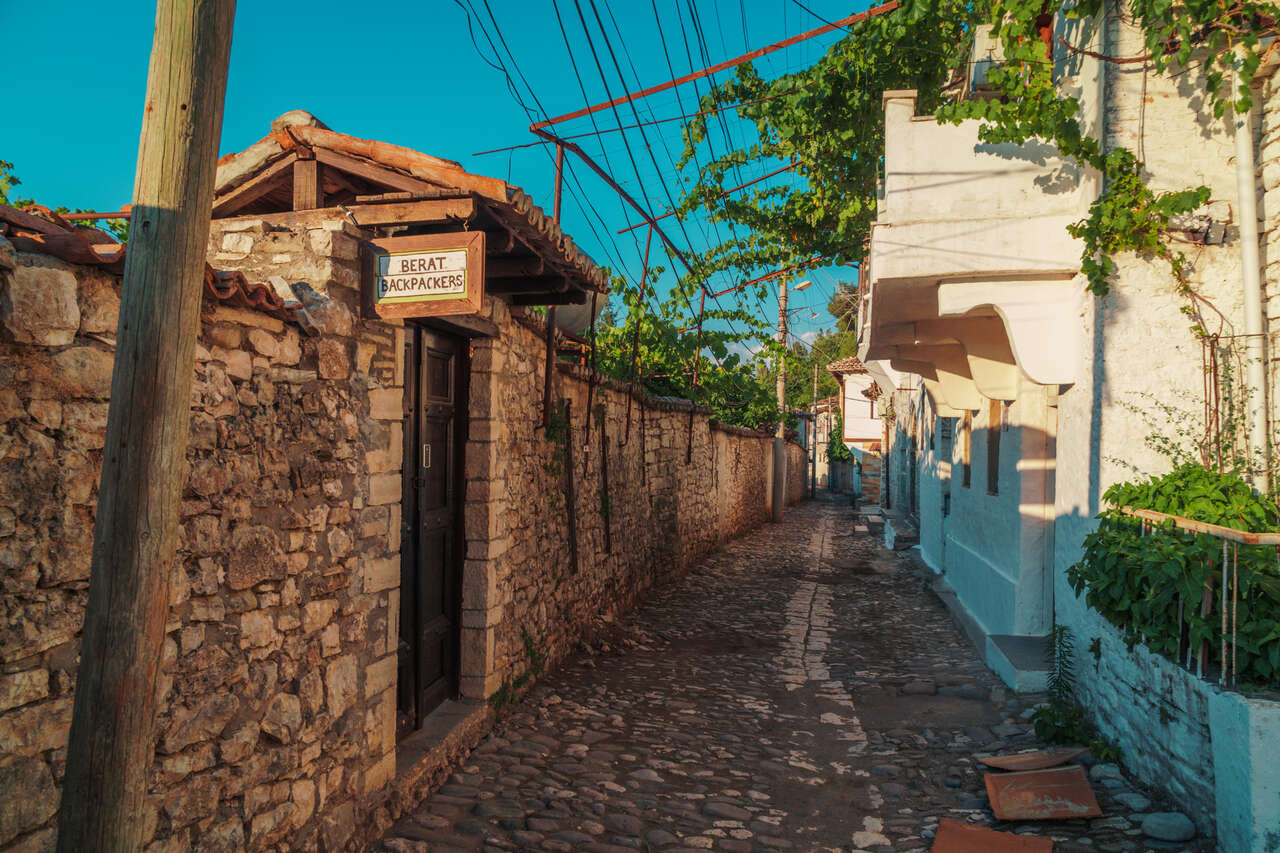 Entrance of Berat Backpackers in Gorica, Berat, Albania.