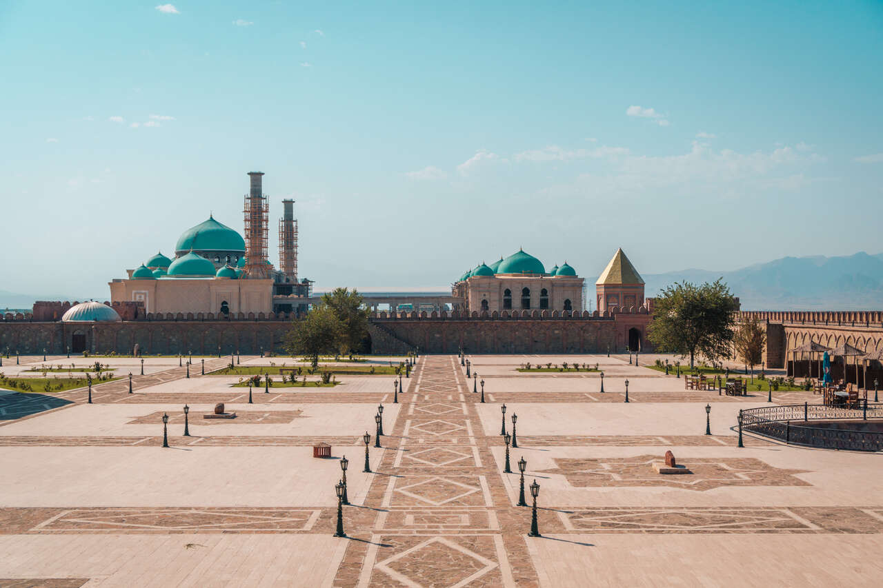A large mosque construction seen from the wall of Yezidabad Castle in Nakhchivan, Azerbaijan.