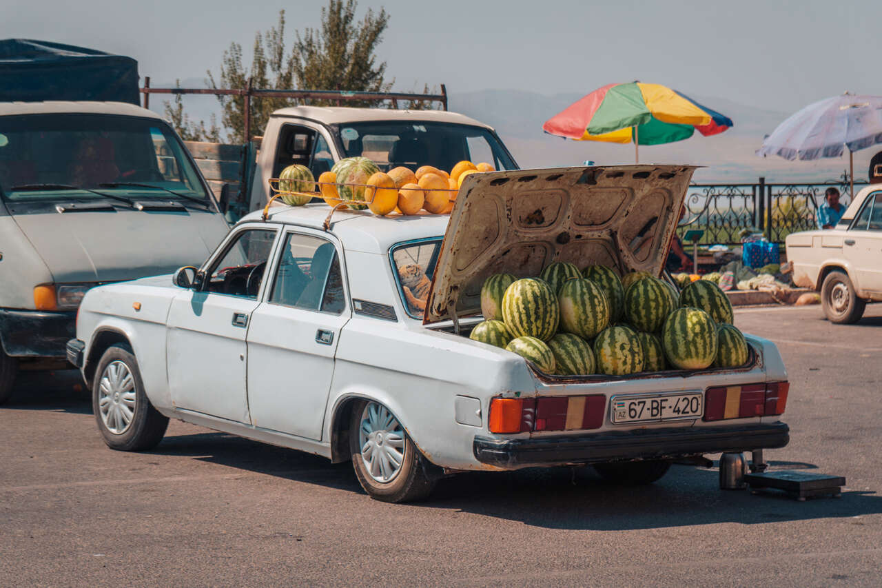 A car trunk full of watermelons for sale at a bazaar in Nakhchivan, Azerbaijan.
