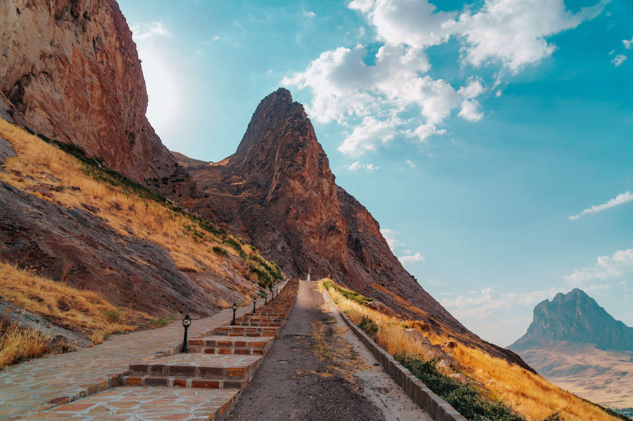 The stairs under the shade of Alinja Mountain leading up to Alinja castle in Nakhchivan, Azerbaijan.