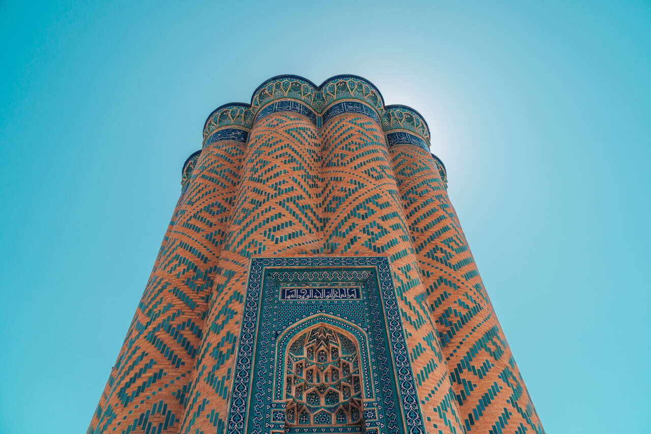 The Qarabaghlar Mausoleum up close from the bottom in Nakhchivan, Azerbaijan.
