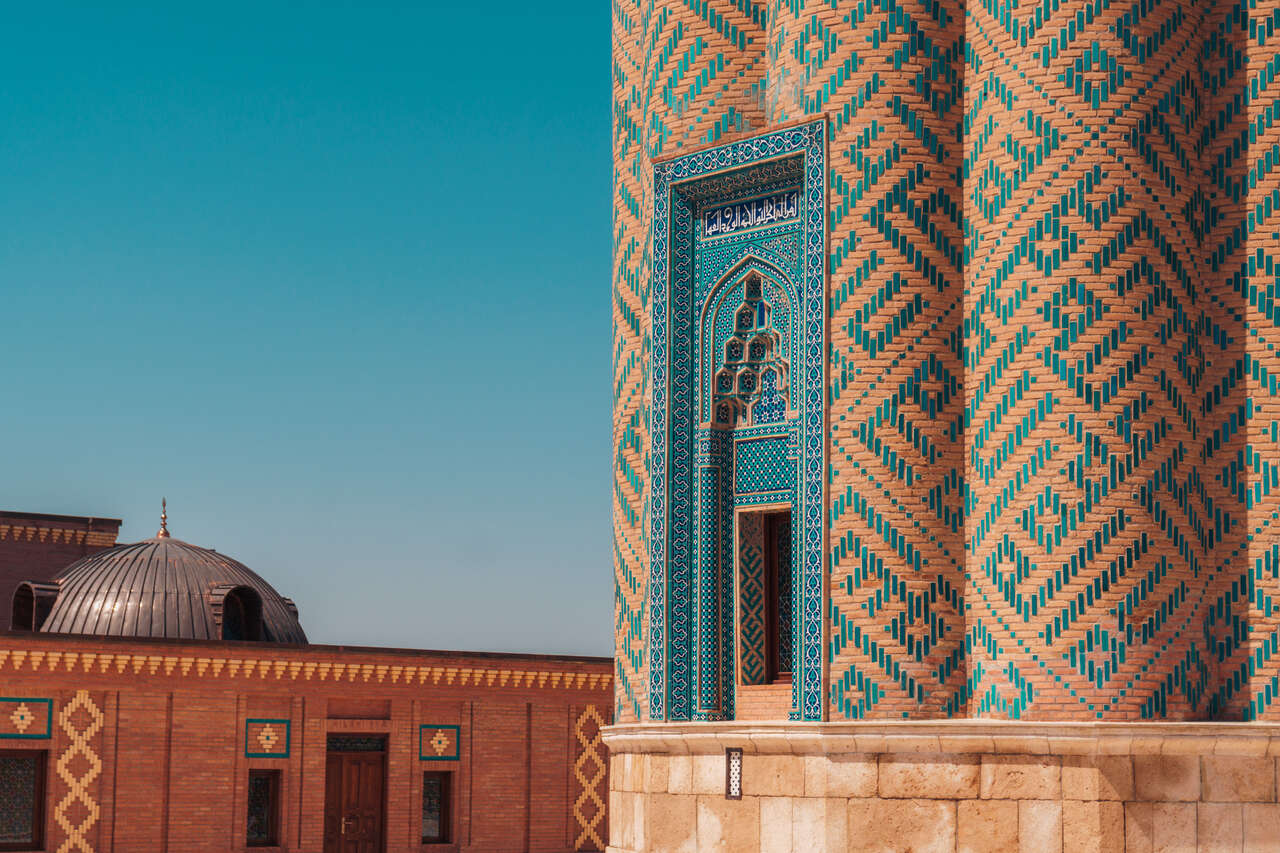 An upclose look at the pattern on Qarabaghlar Mausoleum in Nakhchivan, Azerbaijan.