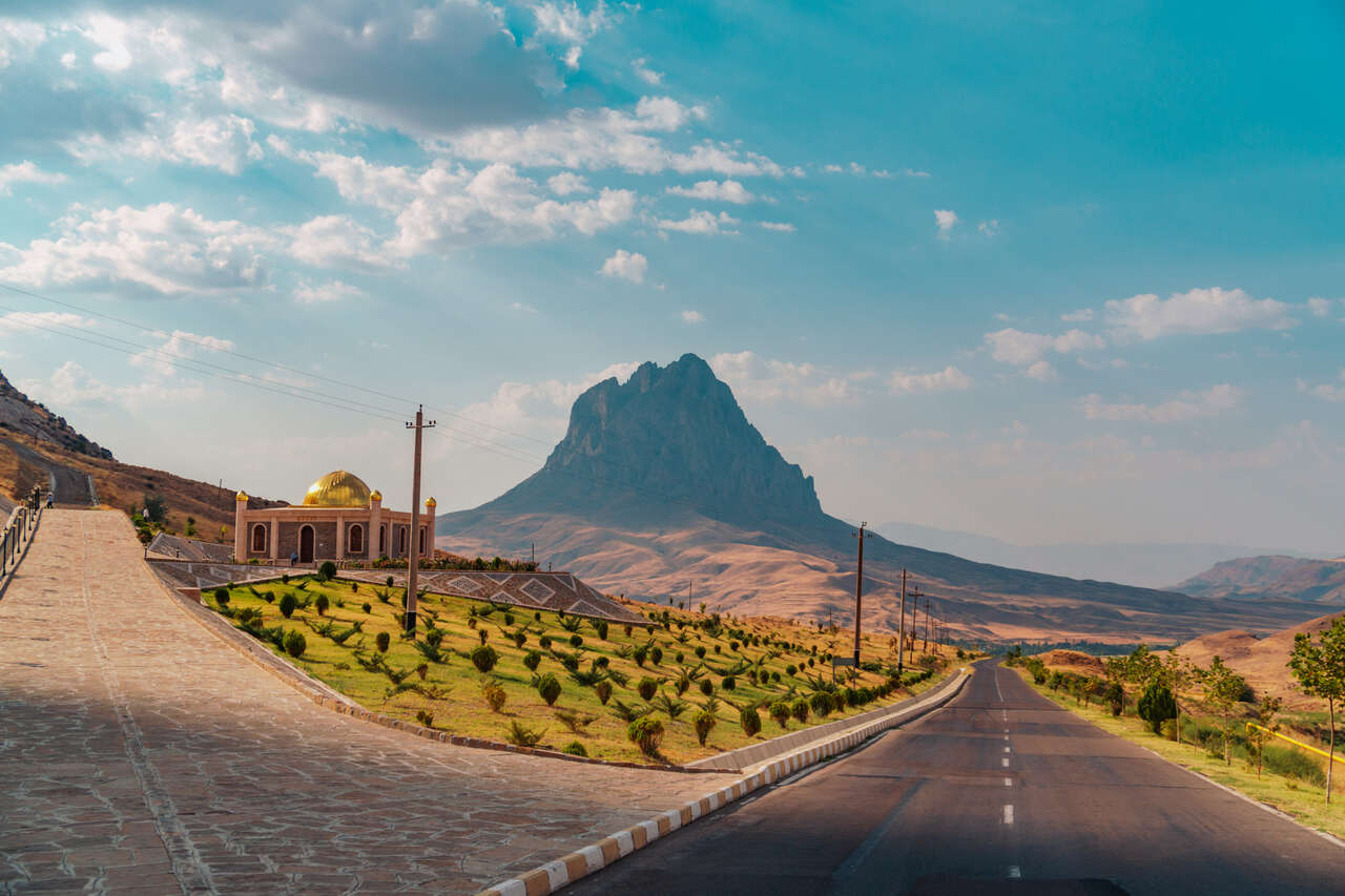 The road by a mosque near Alinja Mountain in Nakhchivan, Azerbaijan.