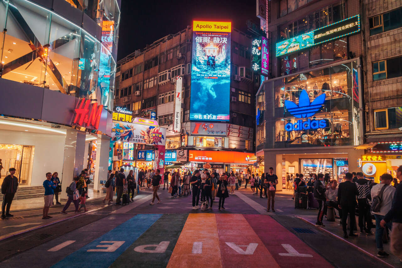 Taipei Rainbow Crosswalk in Ximending at night in Taipei, Taiwan.