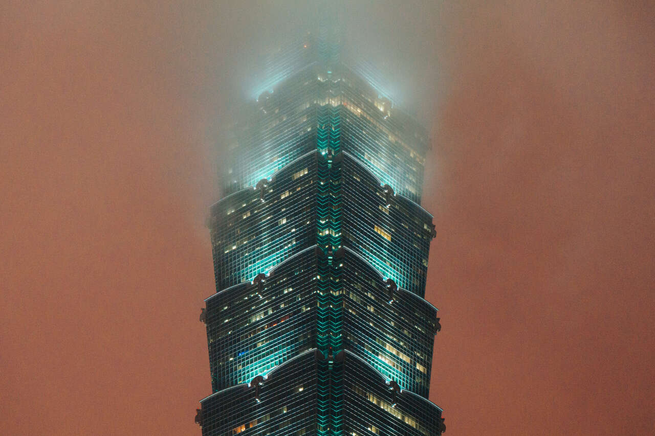 Taipei 101 on a low cloud day in Taipei, Taiwan. 