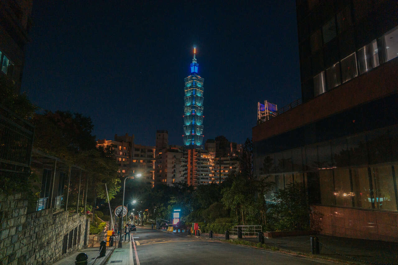 Taipei 101 from the streets in Taipie at night in Taiwan